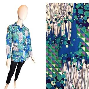 Vintage 70s Stockton Mod Blue Dagger Collar Blouse Size Vintage 14 / Medium